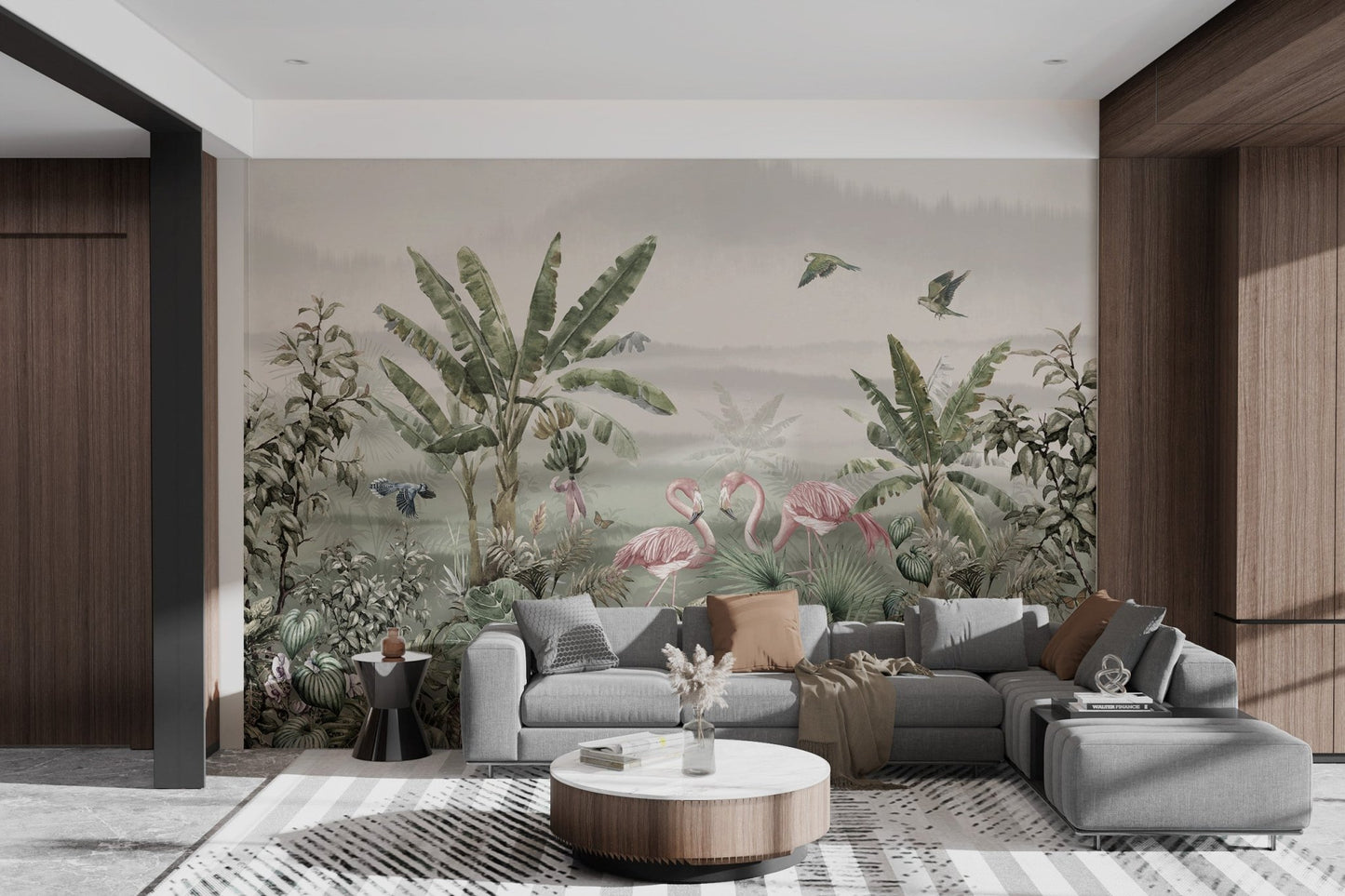 Tropical mural with flamingos and palm leaves in modern lounge.