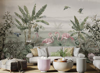 Large scale tropical wall mural with green palm leaves and pink birds.