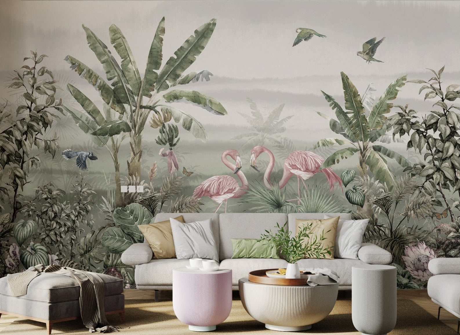 Large scale tropical wall mural with green palm leaves and pink birds.