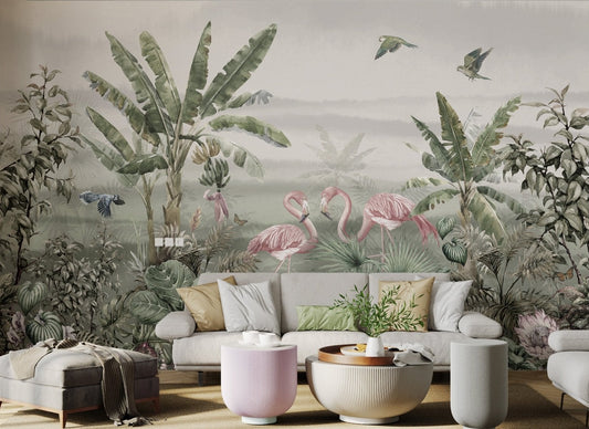 Large scale tropical wall mural with green palm leaves and pink birds.
