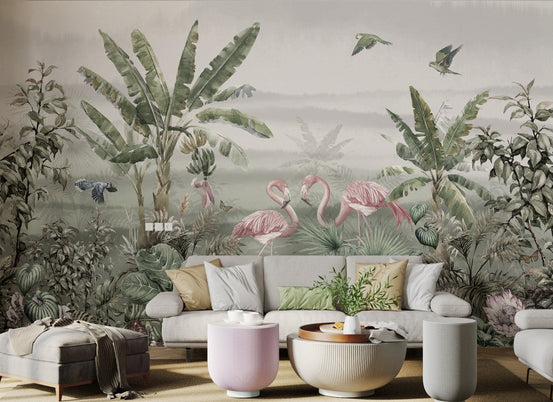 Large scale tropical wall mural with green palm leaves and pink birds.