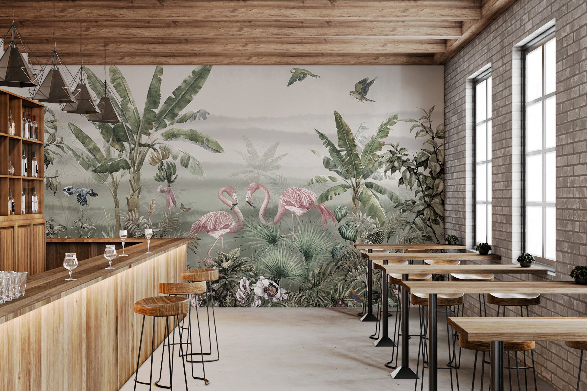 Vibrant mural with tropical birds and leaves in open bar interior.