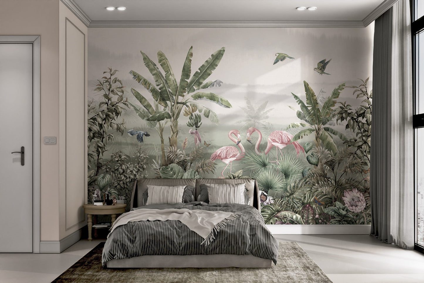 Tropical flamingo birds with banana palms mural in sunlit bedroom.