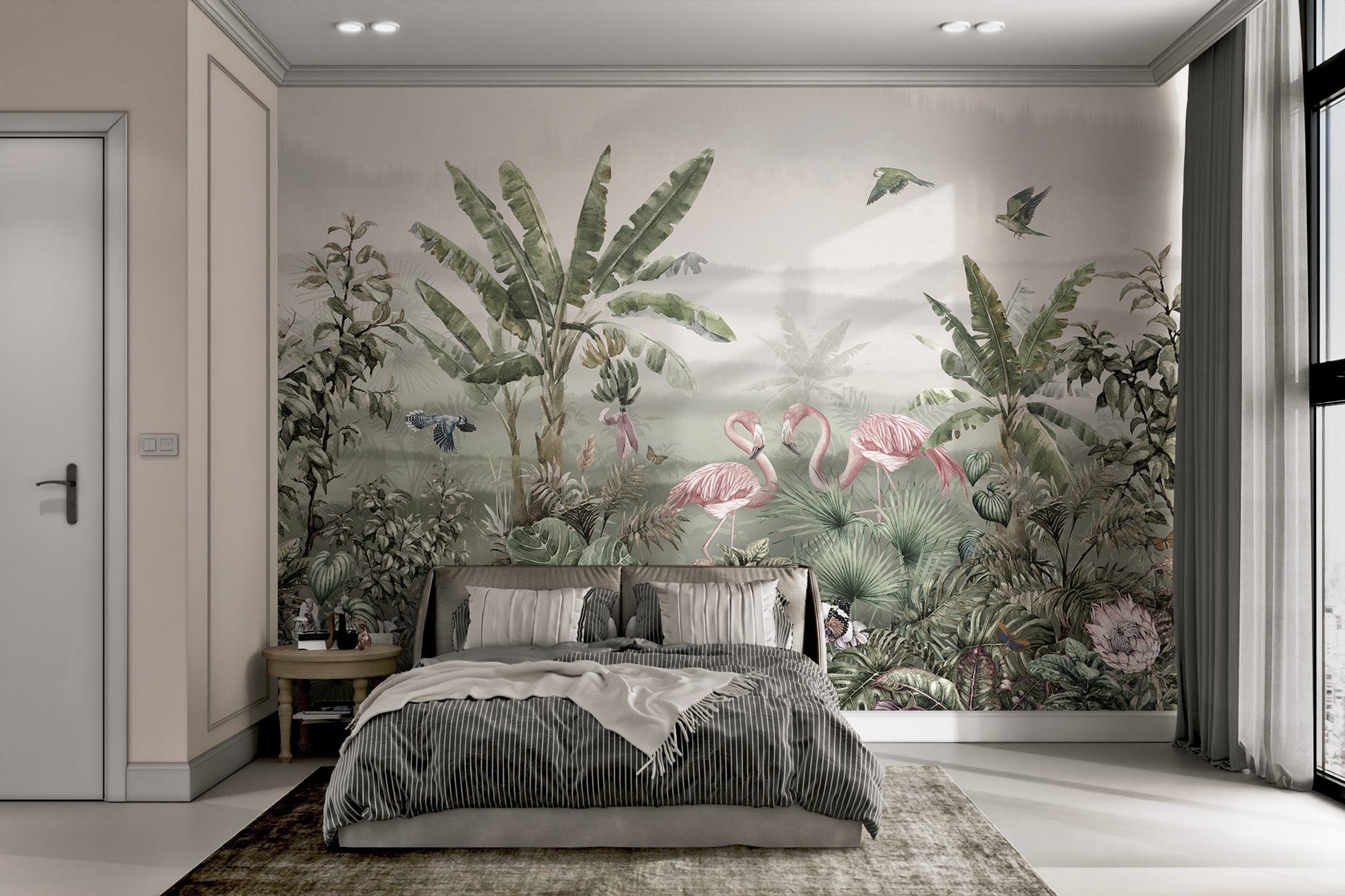 Tropical flamingo birds with banana palms mural in sunlit bedroom.