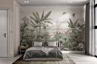 Tropical flamingo birds with banana palms mural in sunlit bedroom.