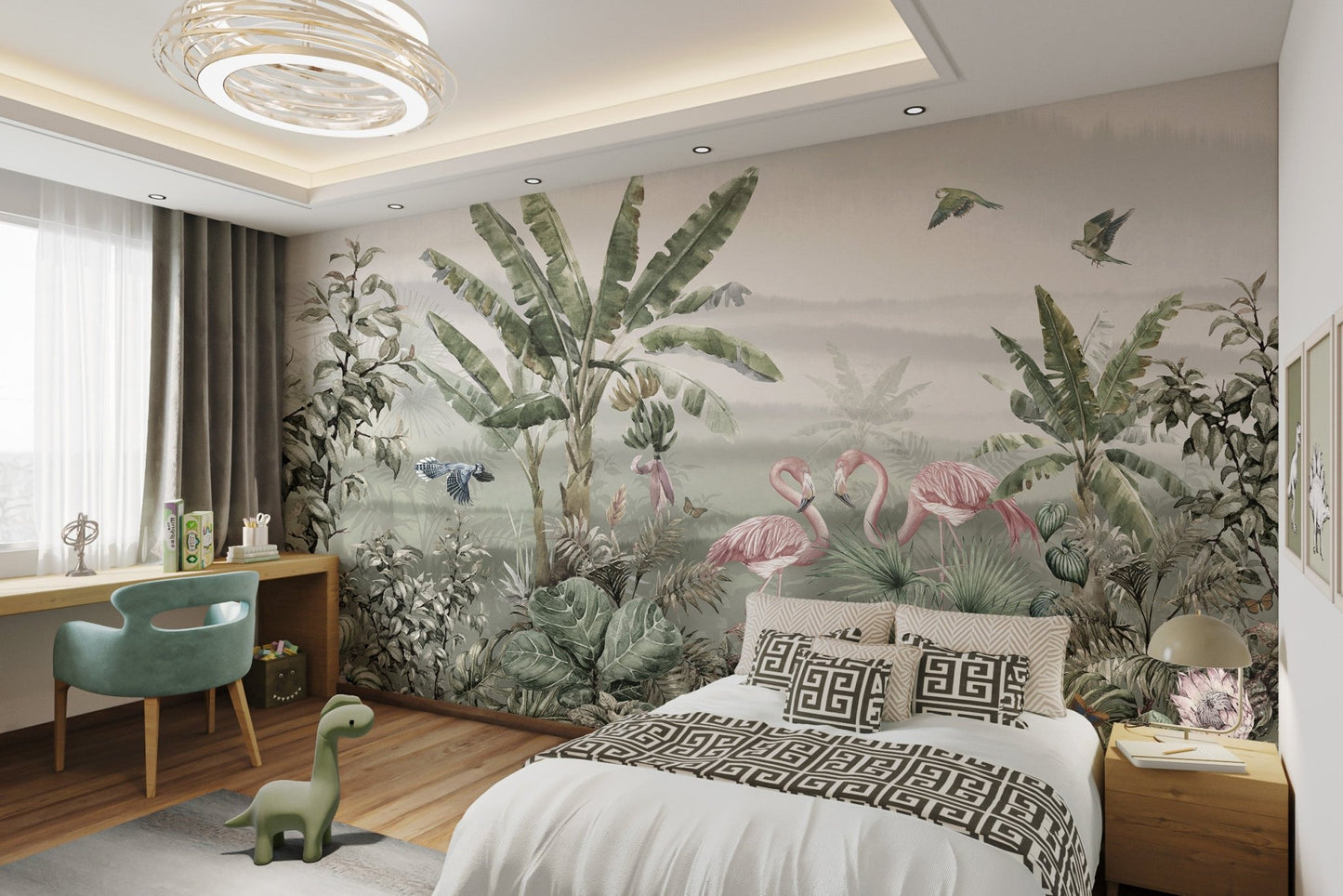 Banana leaves and flamingo birds wall mural in large bedroom.