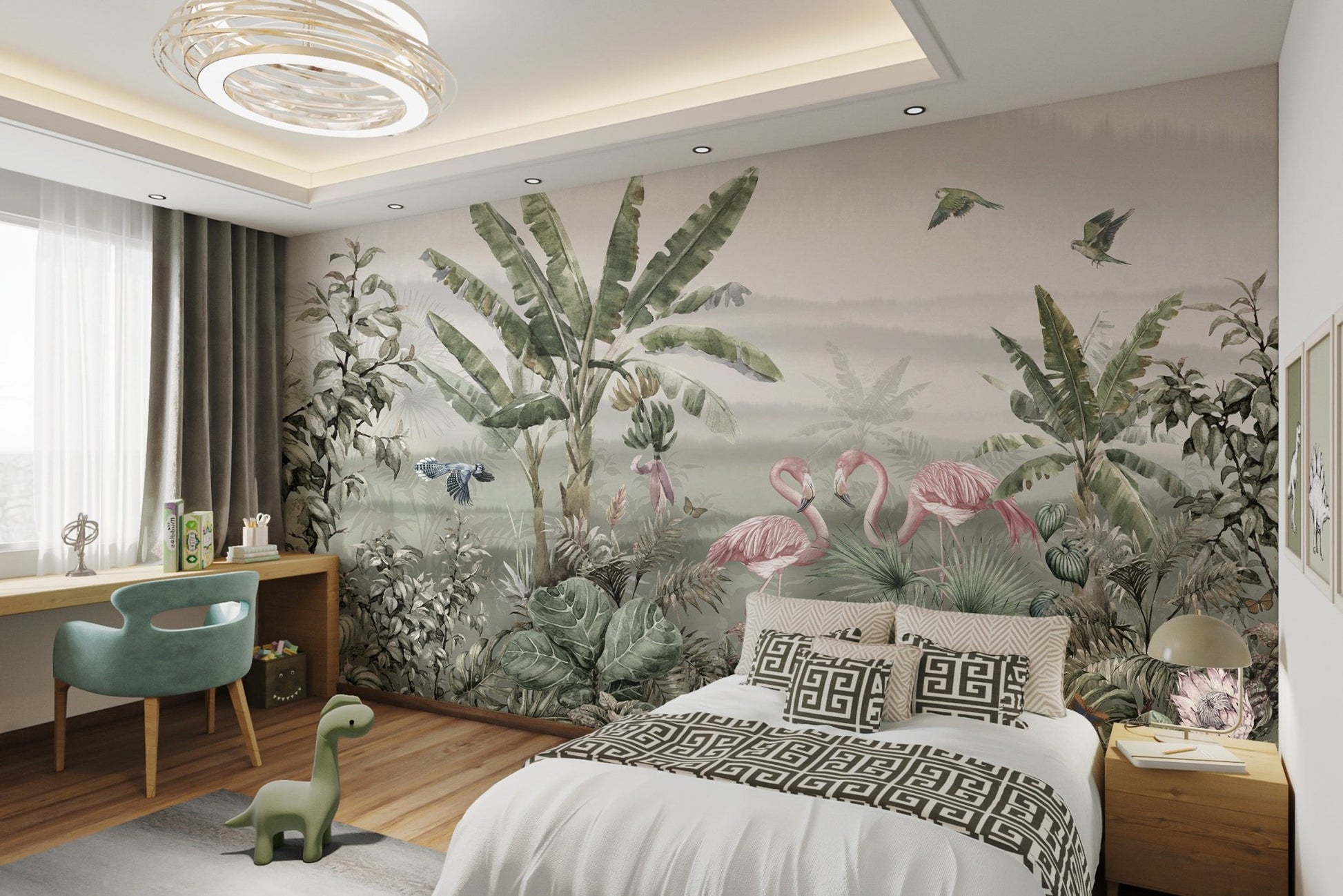 Banana leaves and flamingo birds wall mural in large bedroom.