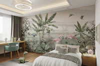 Banana leaves and flamingo birds wall mural in large bedroom.