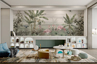 Exotic flamingo birds mural with lush palm leaves art in kids play area.