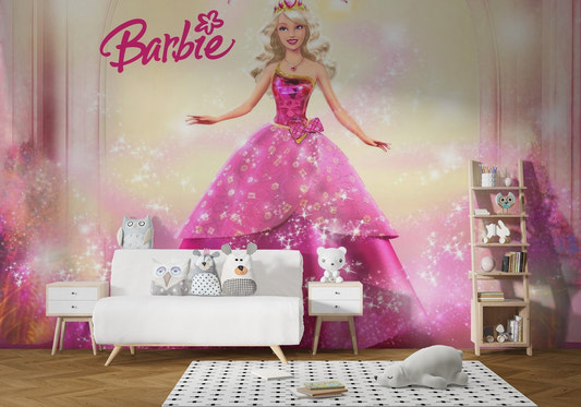 Barbie Princess Sophia wallpaper mural in a bright pink bedroom setting