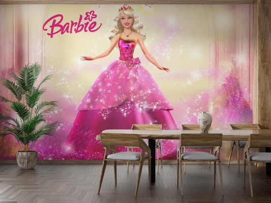 Large wall mural featuring a princess theme on a dining room feature wall