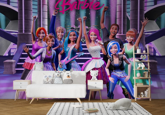 Fun barbie rock N' royal wall mural design for a playroom interior.