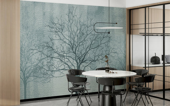 Monochrome wall mural featuring delicate winter twigs on a white background