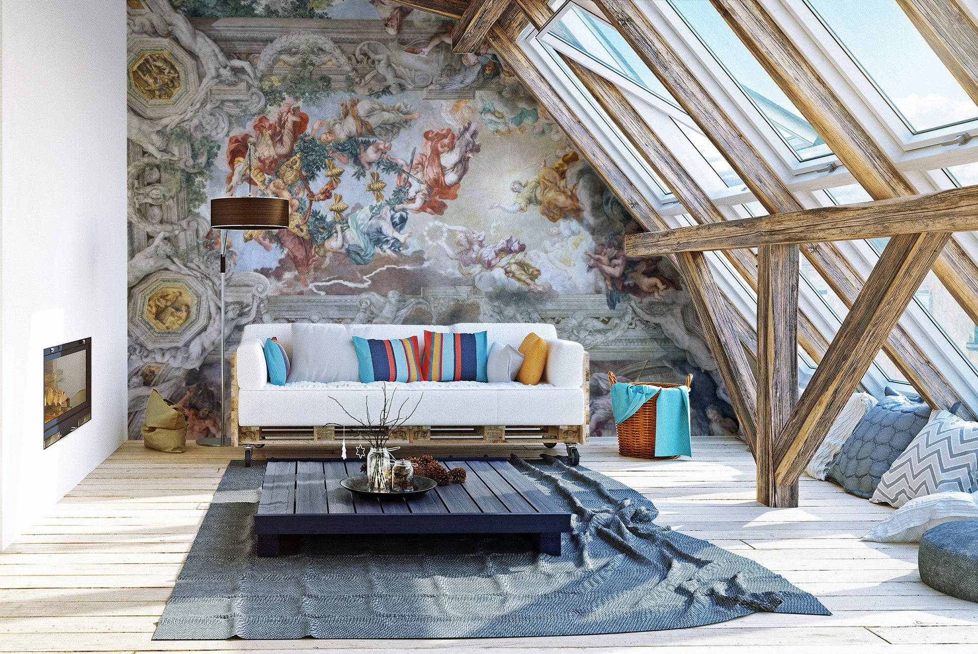 Baroque art wallpaper mural with dramatic sky and figures.