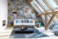 Baroque art wallpaper mural with dramatic sky and figures.