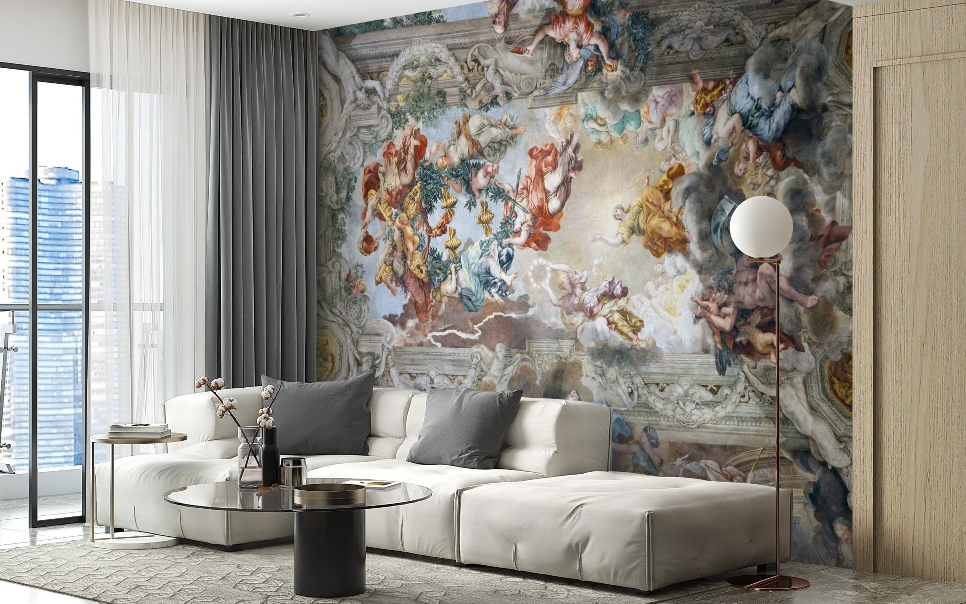 Painted ceiling style wallpaper mural with mythological artwork.