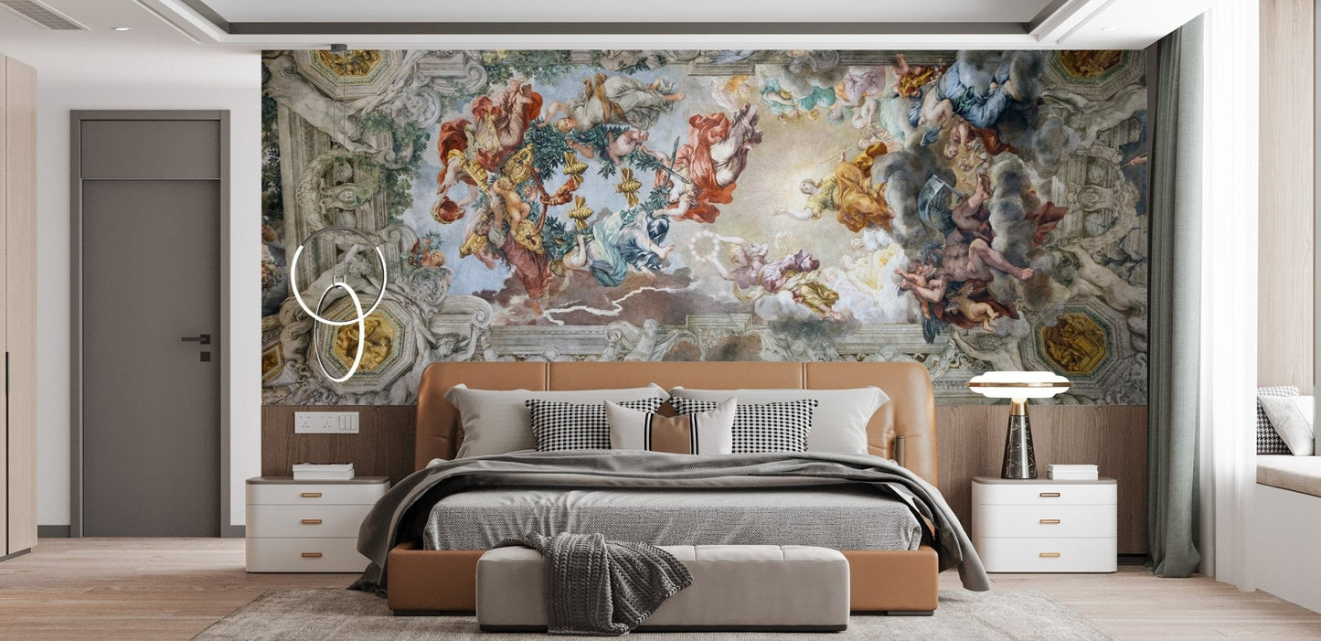 Classical Baroque wall mural featuring angels and painted clouds.