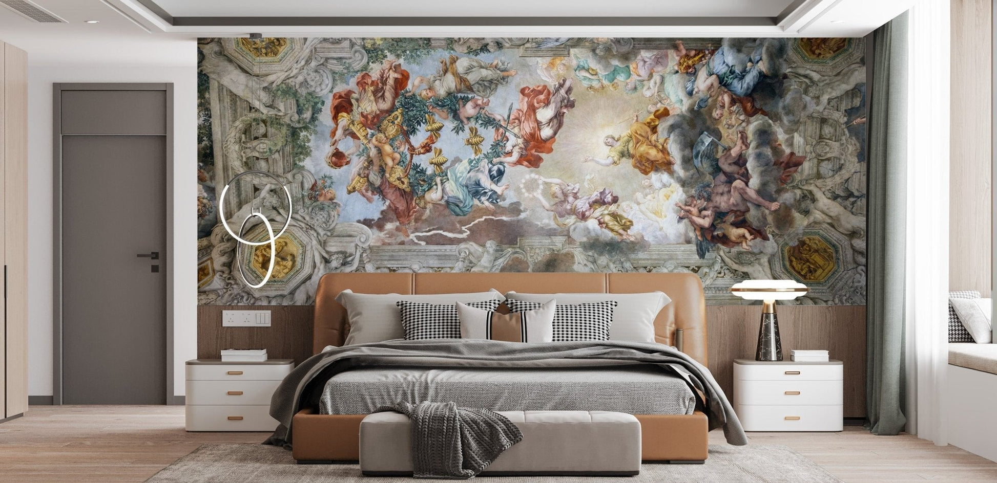 Classical Baroque wall mural featuring angels and painted clouds.