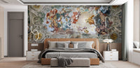 Classical Baroque wall mural featuring angels and painted clouds.