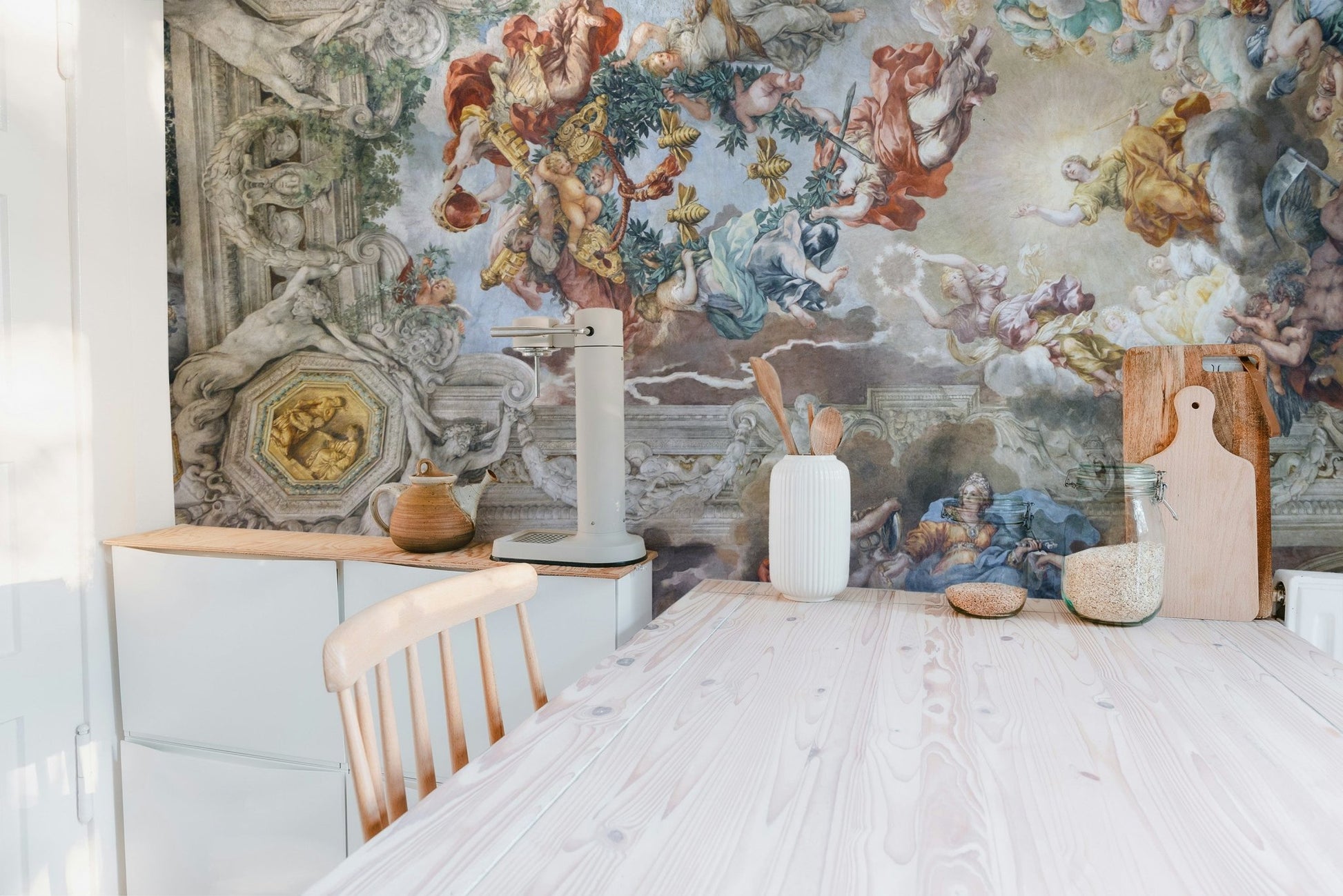 Decorative heaven scene wallpaper mural with detailed fresco design.