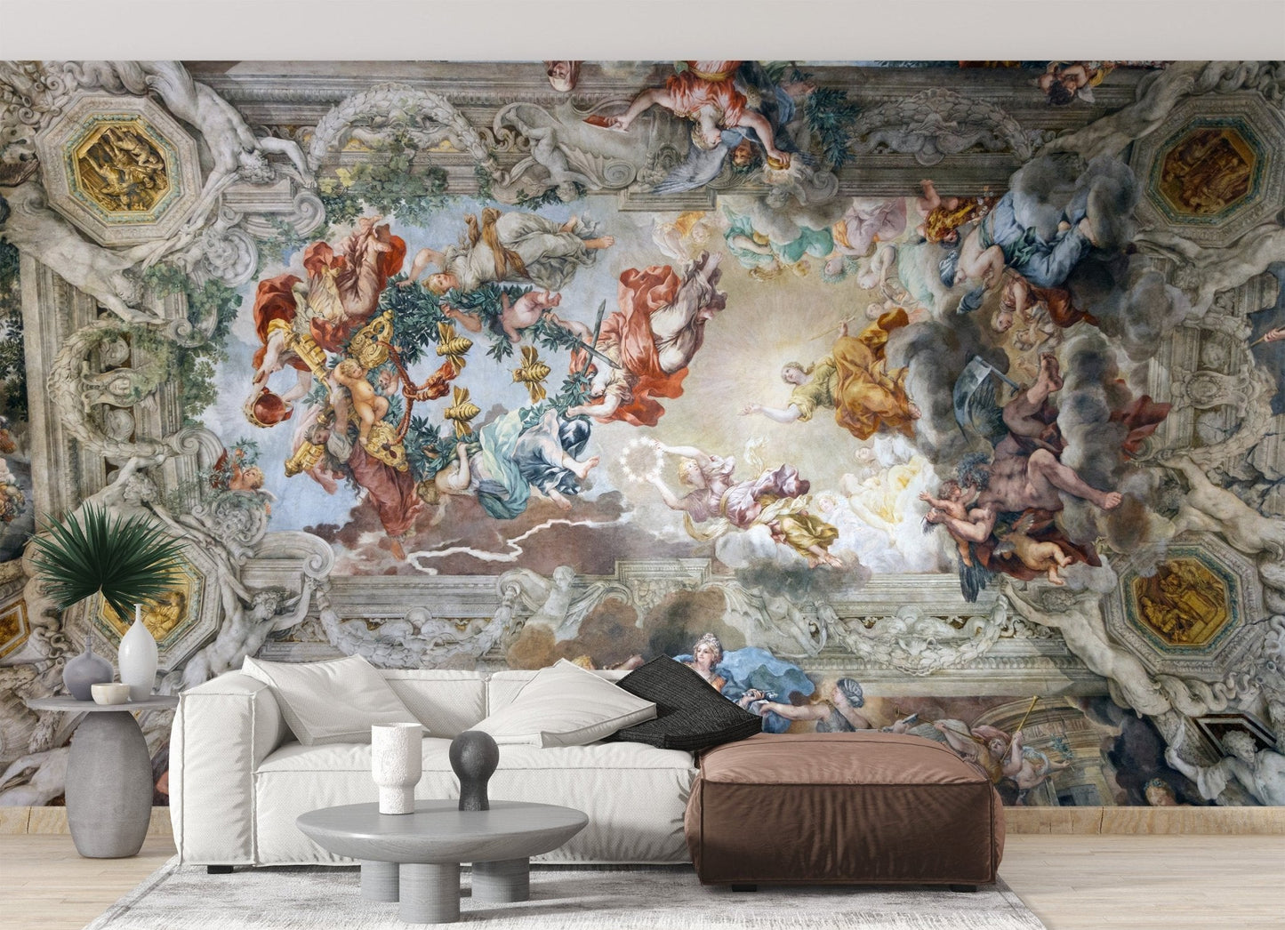 Baroque heaven wallpaper mural with ornate ceiling fresco artwork.