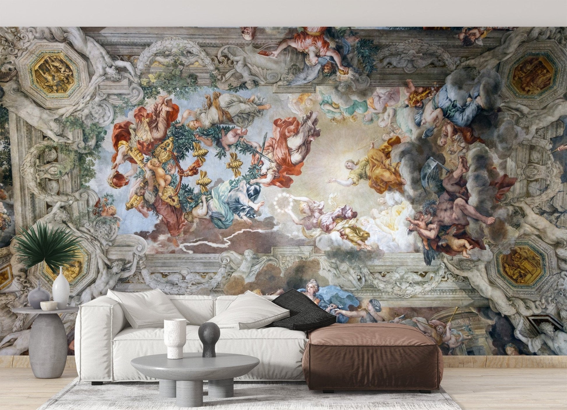 Baroque heaven wallpaper mural with ornate ceiling fresco artwork.