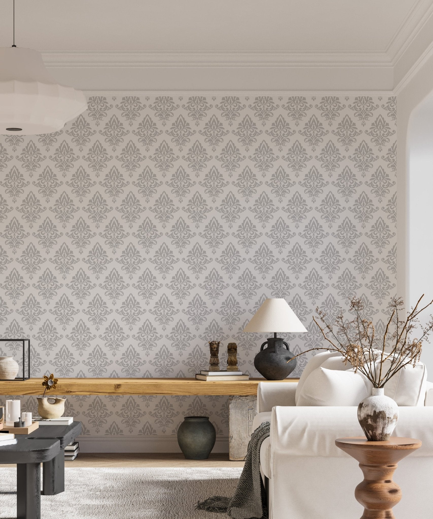 Baroque style wallpaper on a feature wall in a minimalist living room.