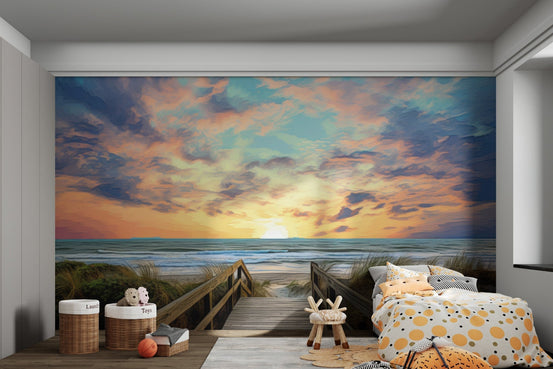 Beach sunset boardwalk wallpaper with wooden path and ocean.