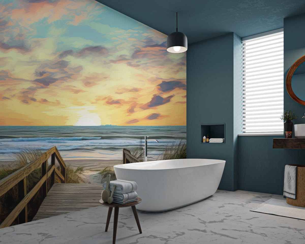 Beach horizon wall mural with painterly brushstrokes and blue water.