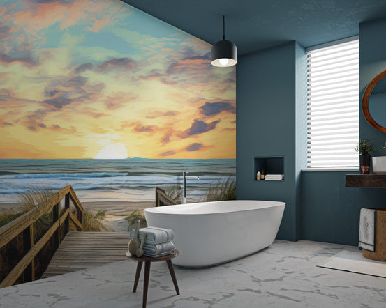 Beach horizon wall mural with painterly brushstrokes and blue water.