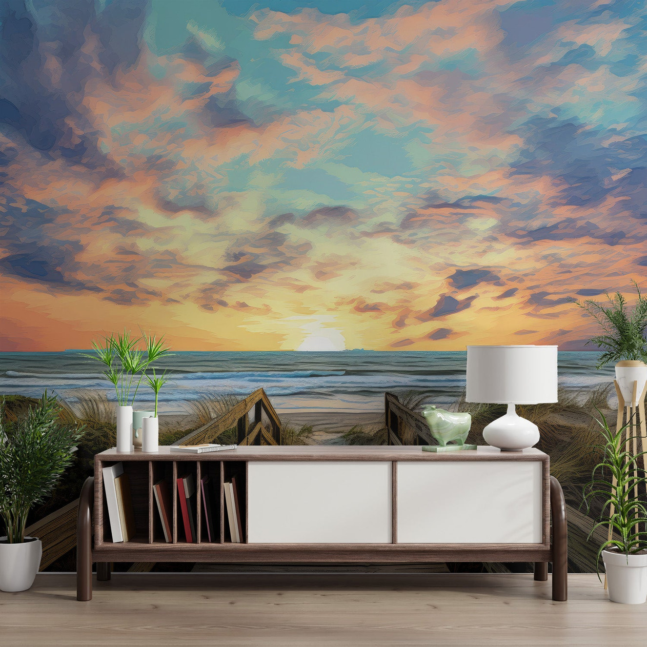 Coastal landscape sunset wall mural featuring vibrant orange and pink clouds.