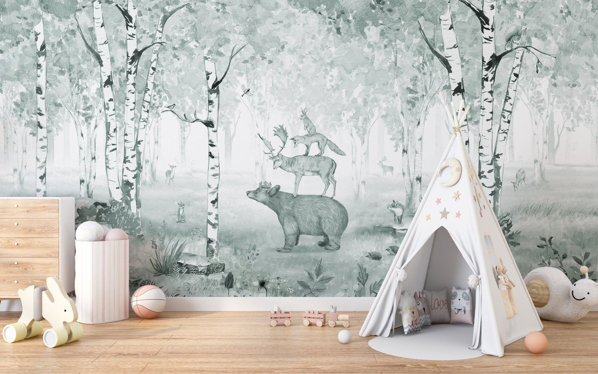 Crowned bear and deer in a mist blue forest wall mural.