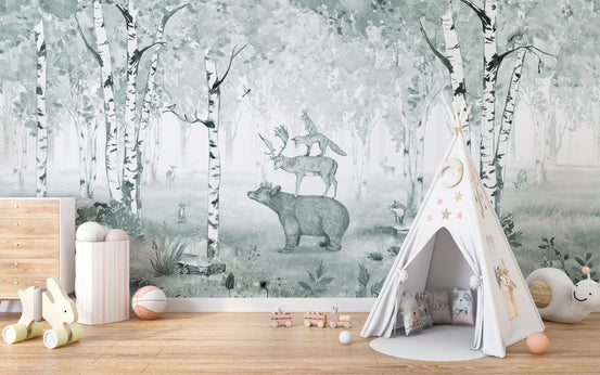 Crowned bear and deer in a mist blue forest wall mural.