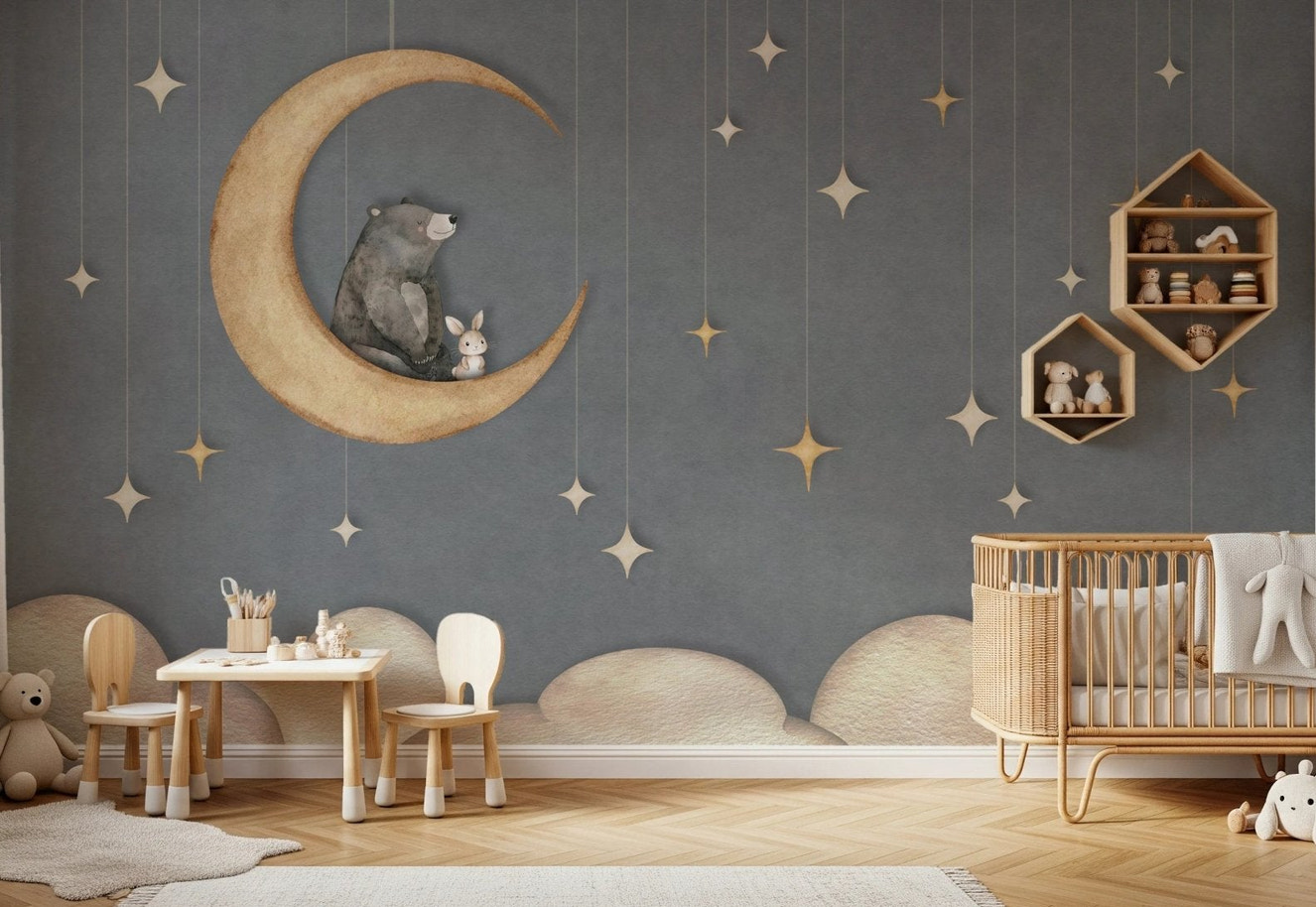 Playroom wall mural showing a sleeping bear on a moon with gold stars.