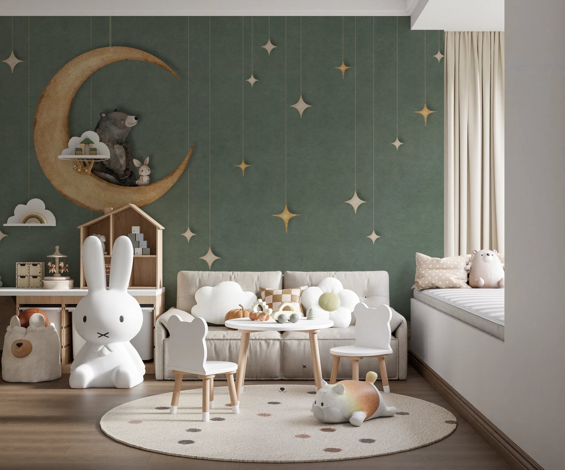 Toddler room with a small table set and green bear themed wall mural.