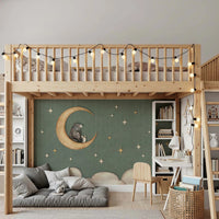 Kids bedroom featuring a bear on the moon wall mural with a wooden loft bed.