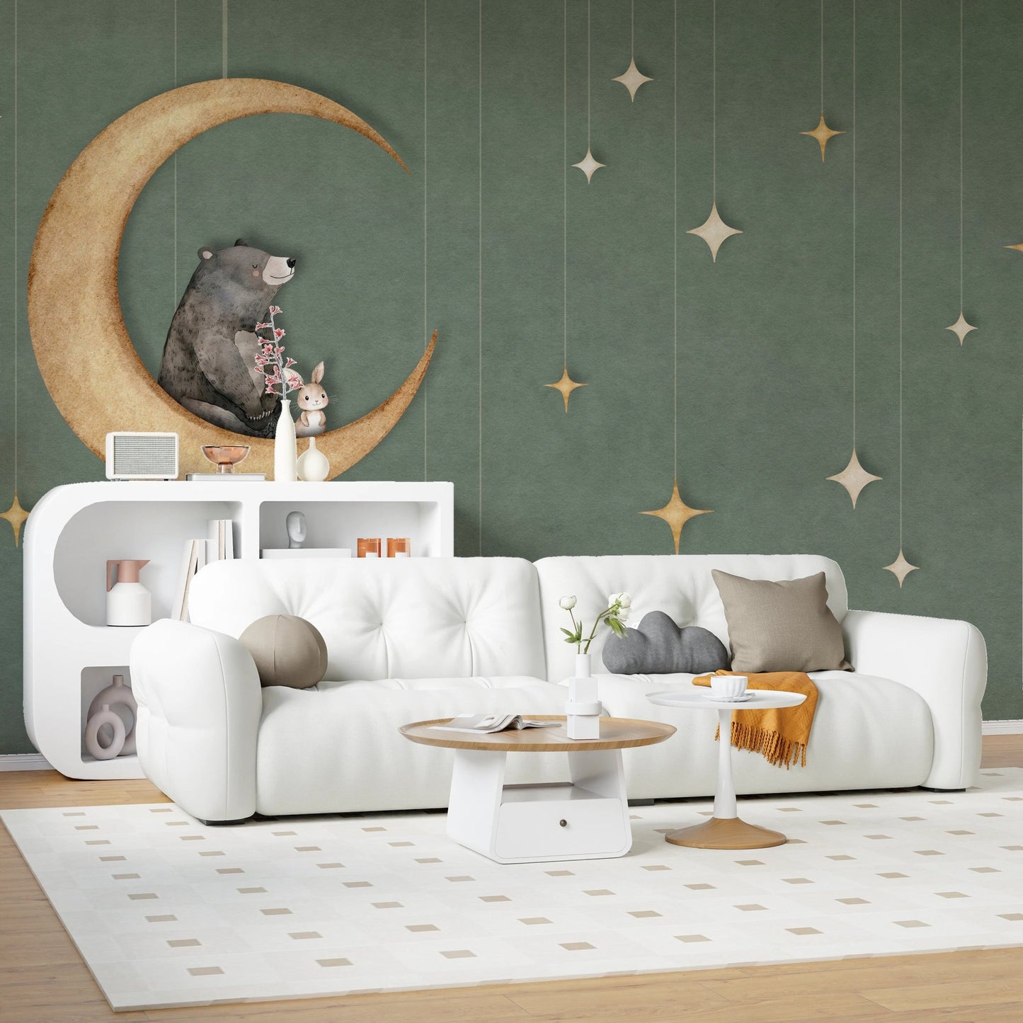 Bear on The Moon Green Wall Mural in a living room with a white sofa.