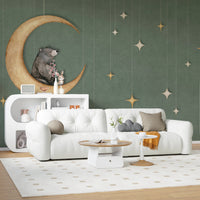 Bear on The Moon Green Wall Mural in a living room with a white sofa.