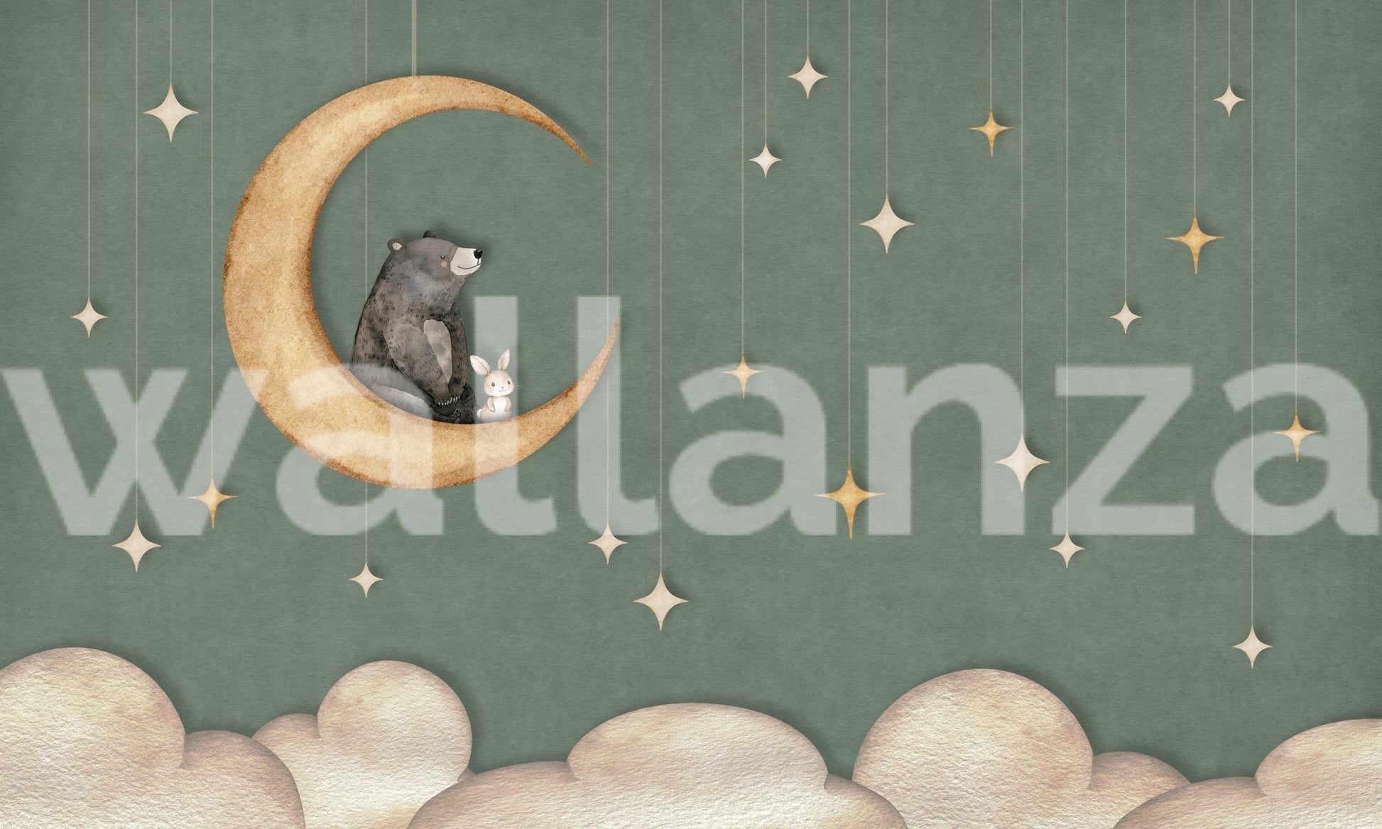 Bear on The Moon Green Wall Mural for home interiors.