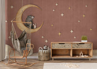 Modern playroom with a wooden sideboard and bear on moon wall mural.