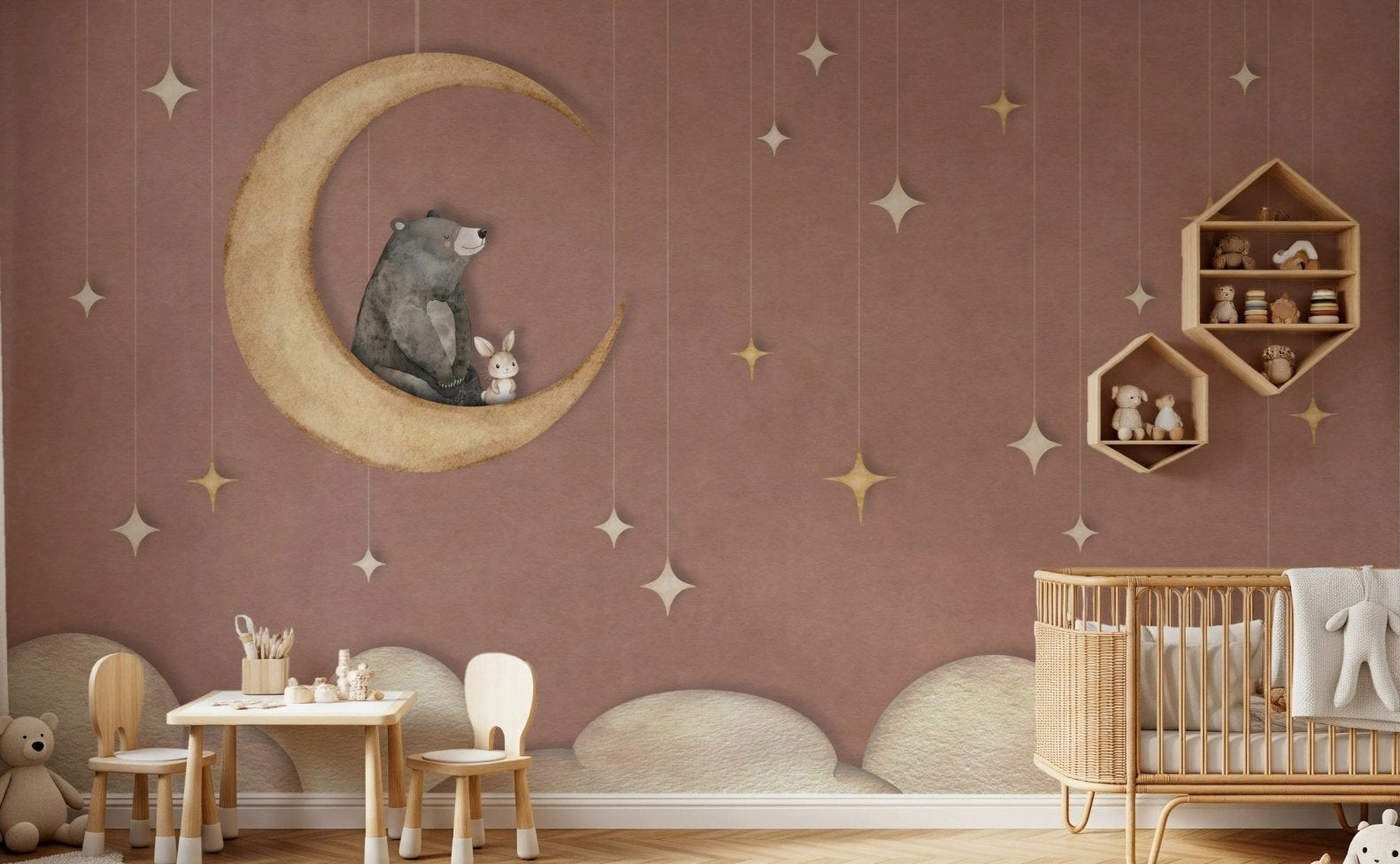 Playroom with a small wooden table set against a red moon wall mural.
