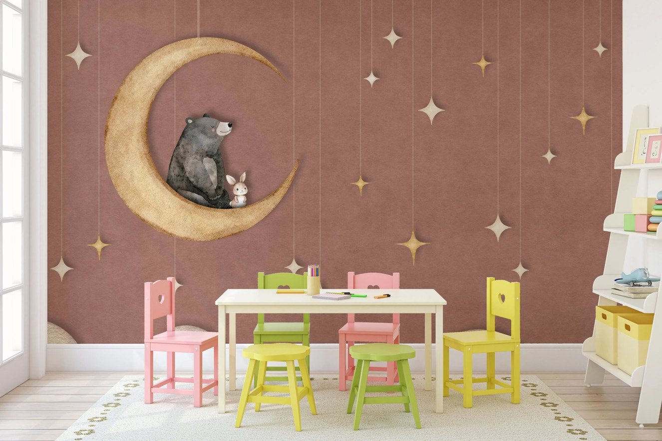 Kids activity area with colorful chairs and Bear on The Moon Red Wall Mural.