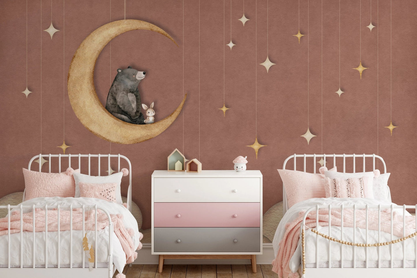 Shared twin bedroom with white metal beds and red celestial wall mural.