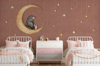 Shared twin bedroom with white metal beds and red celestial wall mural.