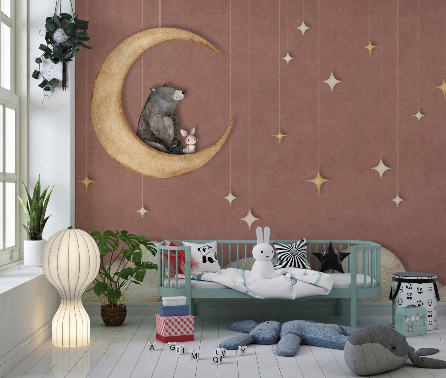Teal crib in a nursery decorated with Bear on The Moon Red Wall Mural.