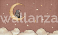 Neutral kids space featuring a crescent moon and stars wall mural.