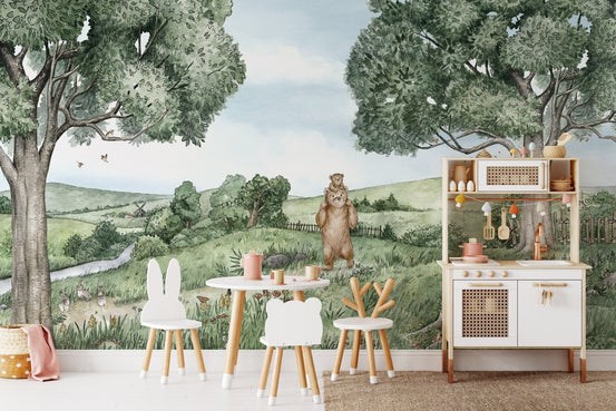 Bears and bees wall mural featuring a watercolor forest landscape.