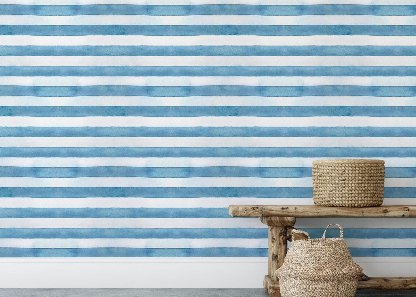 Minimalist decor with wooden bench and striped blue wallpaper.