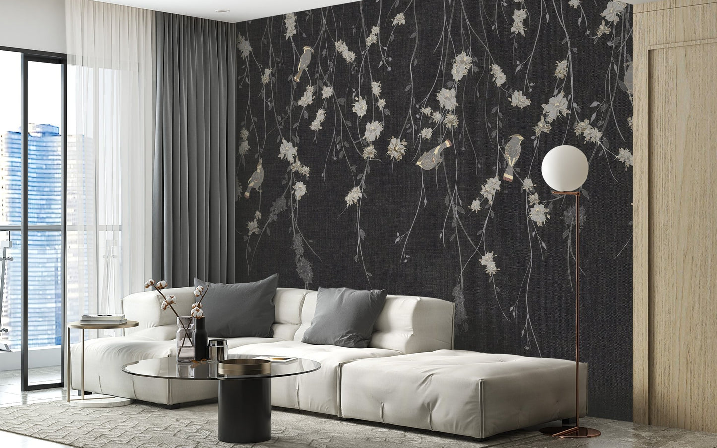 Dark Nature-Inspired Wall mural in modern apartment living area.