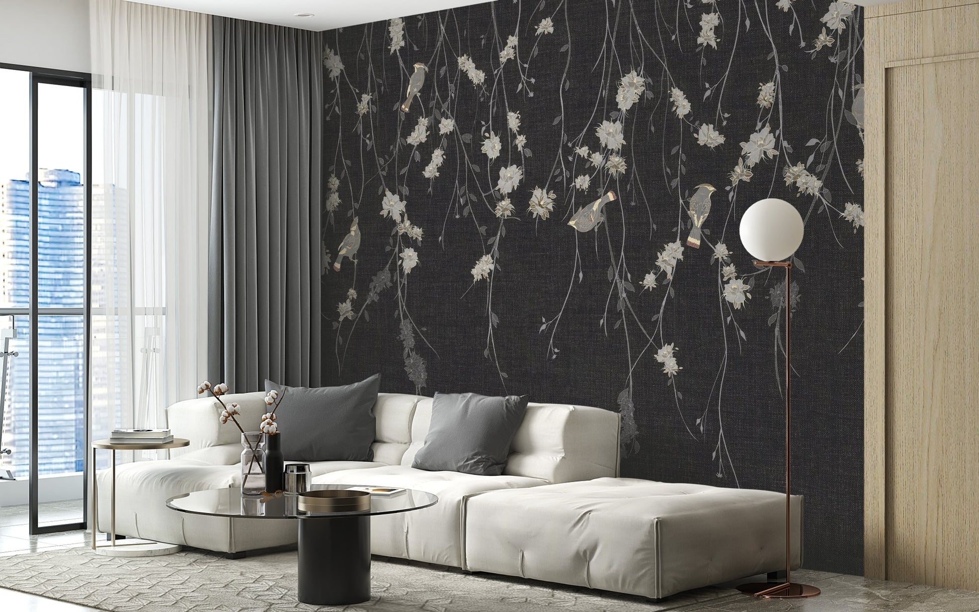 Dark Nature-Inspired Wall mural in modern apartment living area.